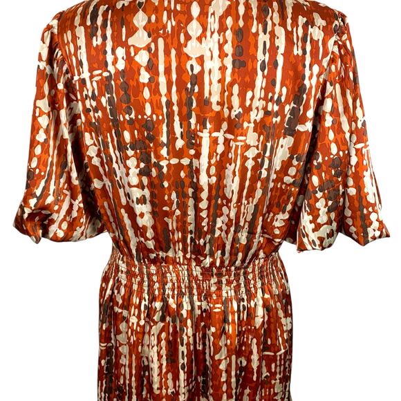 THML Women's Size MED Dress Rust Cream Brown Ruffle Bottom Puff Sleeve - Picture 9 of 14